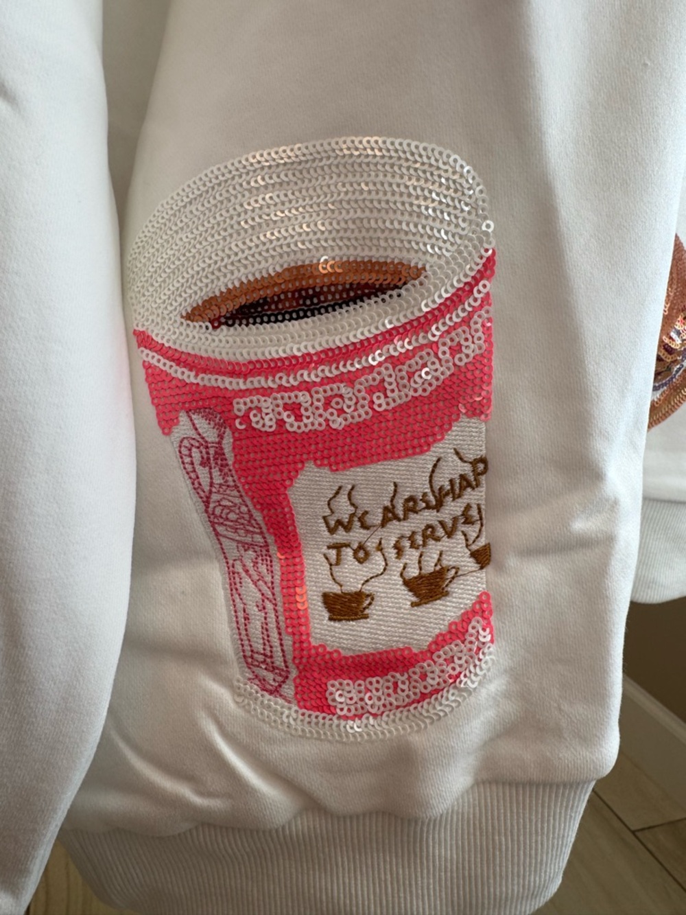 ❌SOLD❌New! QUEEN OF SPARKLES White Sequin Bagel & Coffee Sweatshirt - Picture 5 of 9